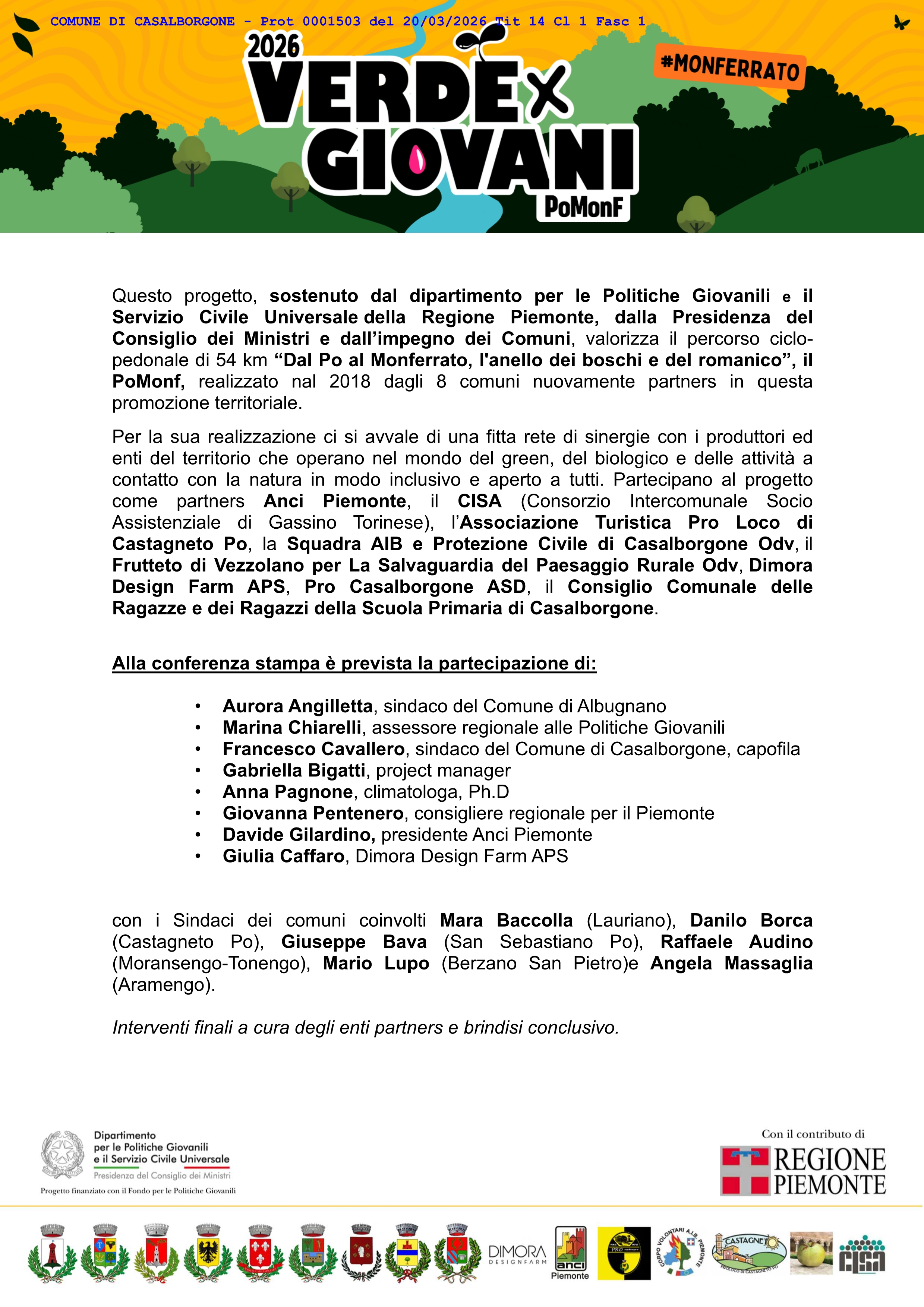 Conferenza stampa: POMONF VERDE PER GIOVANI - Tra ambiente e benessere un progetto per i ragazzi dai 15 ai 34 anni